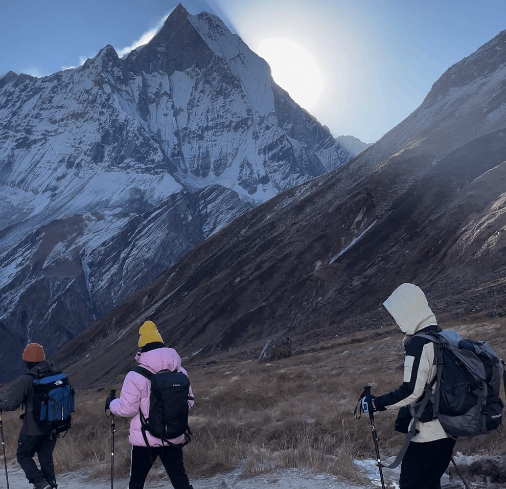 Trekkers walking down the trail from Annapurna Base Camp surrounded by Himalayan landscapes
